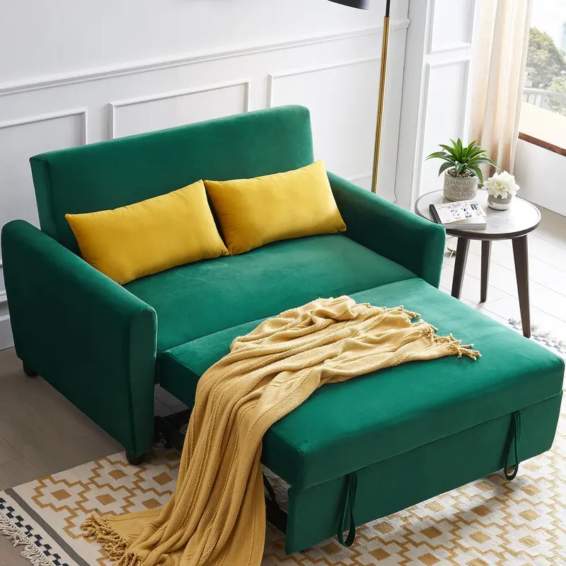 55-Inch Green Velvet Modern Sofa with Pull-Out Sleeper Bed, Adjustable Backrest, and Decorative Pillows