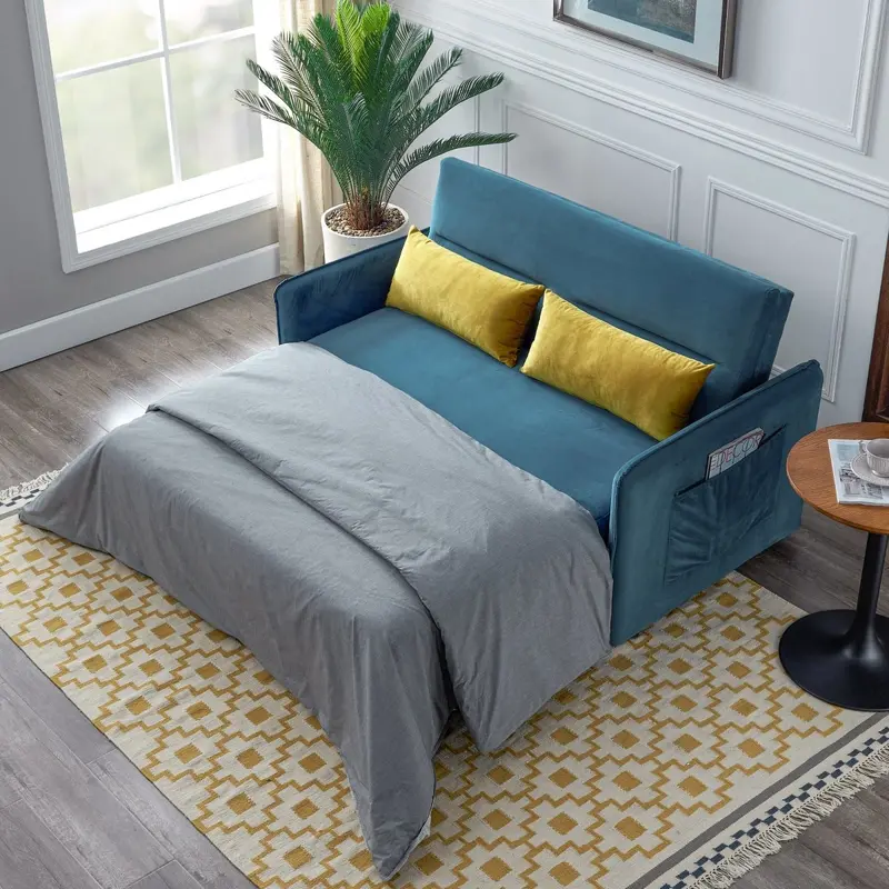 57-Inch Blue Velvet Sofa Bed with Pull-Out Mattress, Adjustable Backrest, and Dual Side Pockets
