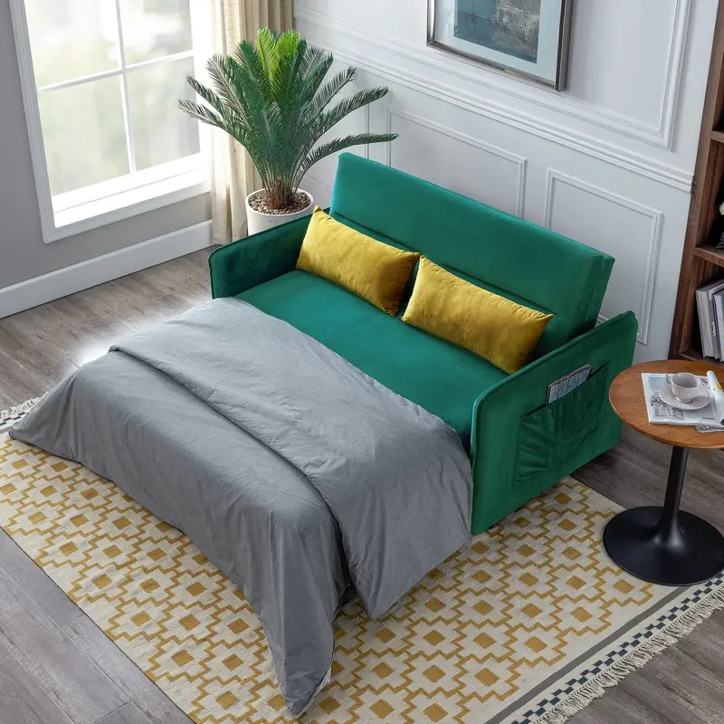 57-Inch Modern Green Velvet Pull-Out Sofa Bed with Adjustable Backrest, Two Pillows & Side Pockets