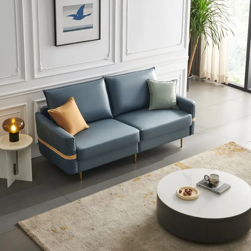 73.2-Inch Mid-Century Modern Loveseat Sofa – Blue Heavy-Duty Sleeper Couch with Two Pillows for Small Living Areas