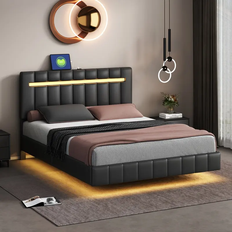 Black LED Queen Floating Bed – Contemporary Upholstered Platform with USB Power