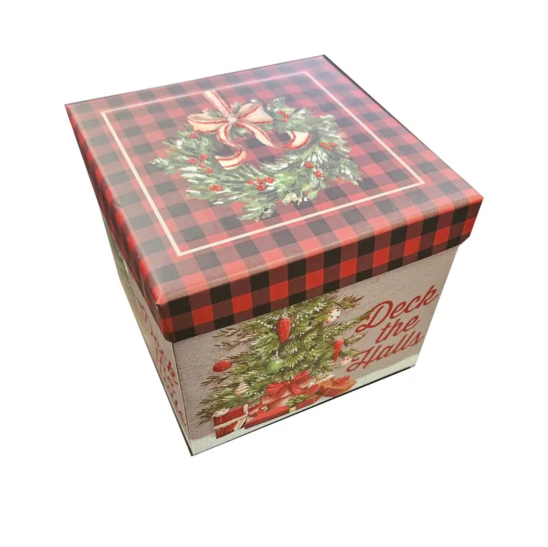 Compact Square Decorative Gift Box – Elegant ‘Deck the Halls’ Style