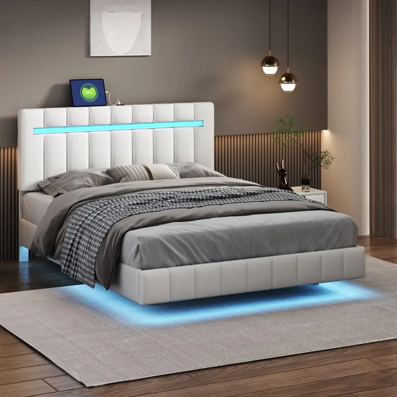 Crisp White Floating Queen Bed – LED Illuminated Base & Dual USB Charging