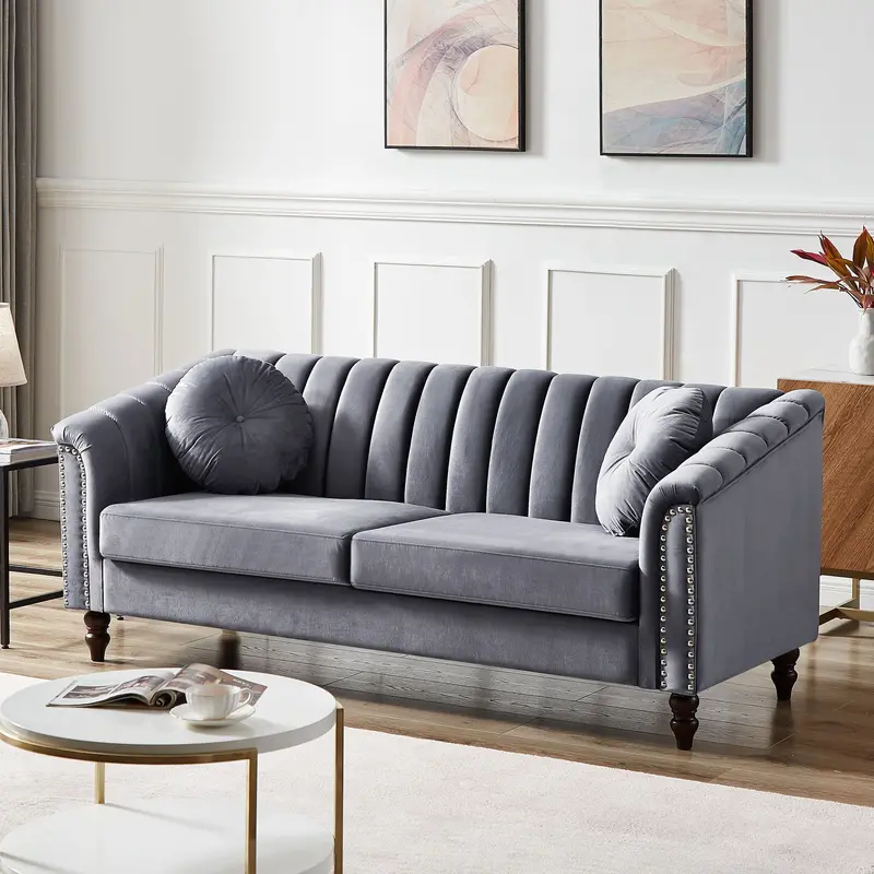 Grey Tufted Modular Sleeper Sofa – Nailhead Trim, Solid Wood Legs, Compact Fit